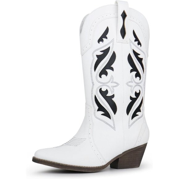 Women's White Embroidered Pointed Toe Chunky Block Heel Cowgirl Western Booties - Picture 6 of 6